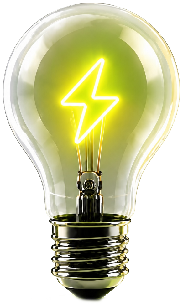 Lightbulb with a glowing lightning bolt — lower bills, brighter future